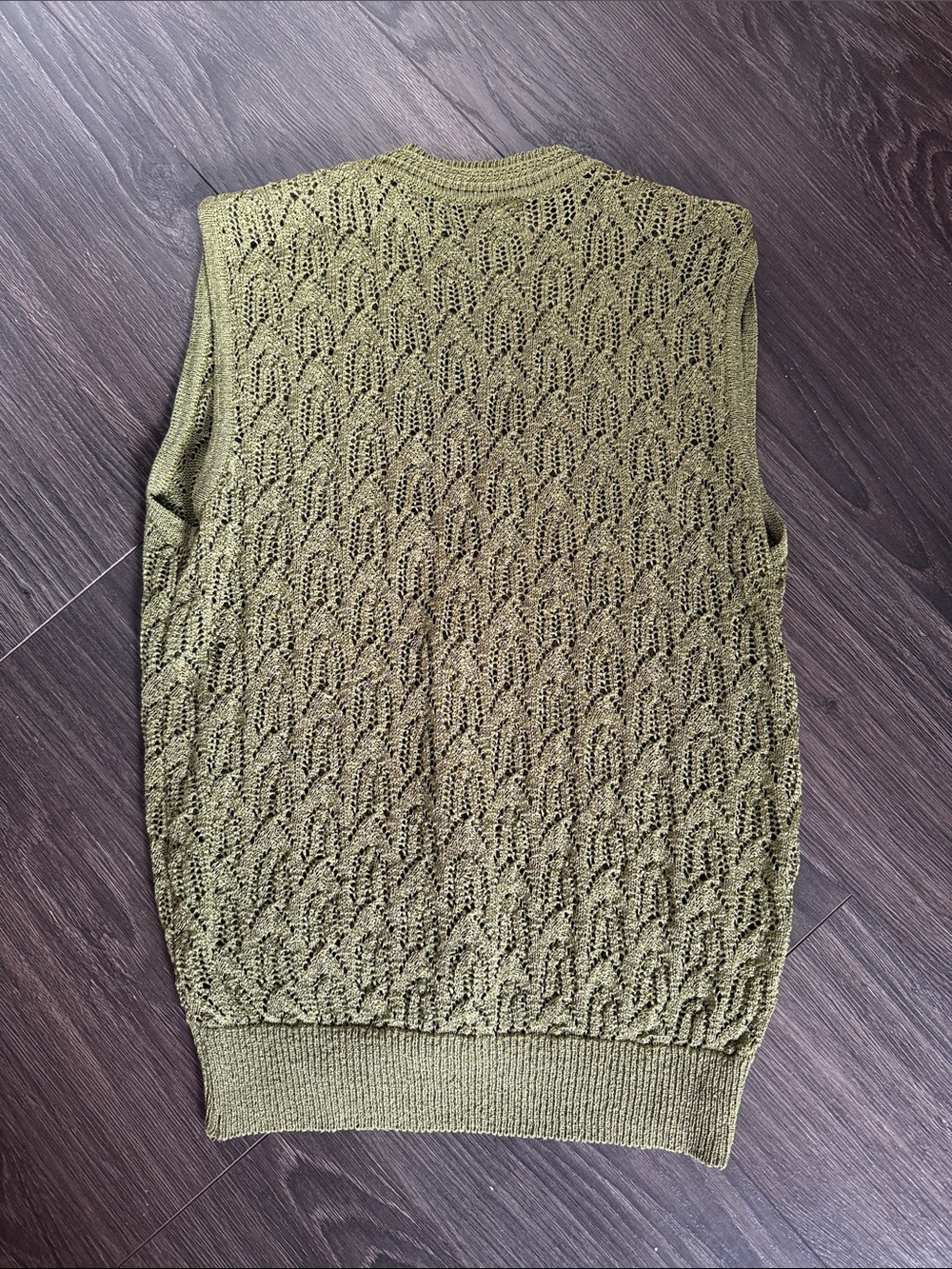 Vintage Olive Green Openwork Knit Button-Front Sweater Vest - Picture 2 of 4